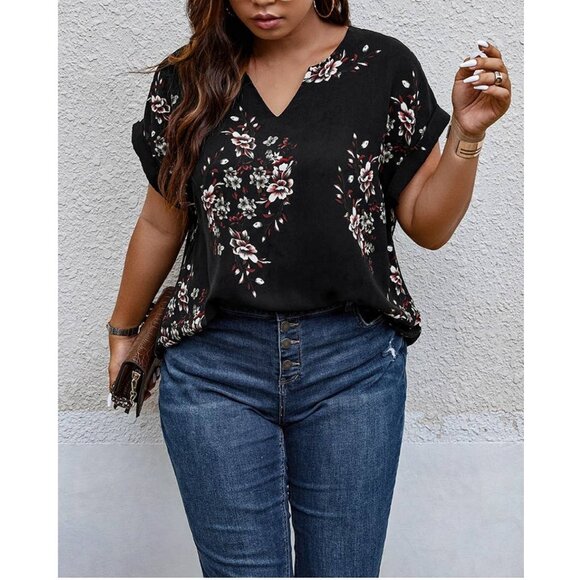 Plus Size V Neck Floral Printed Blouse Sh Sleeve Black White Pink Flowers - Picture 5 of 5